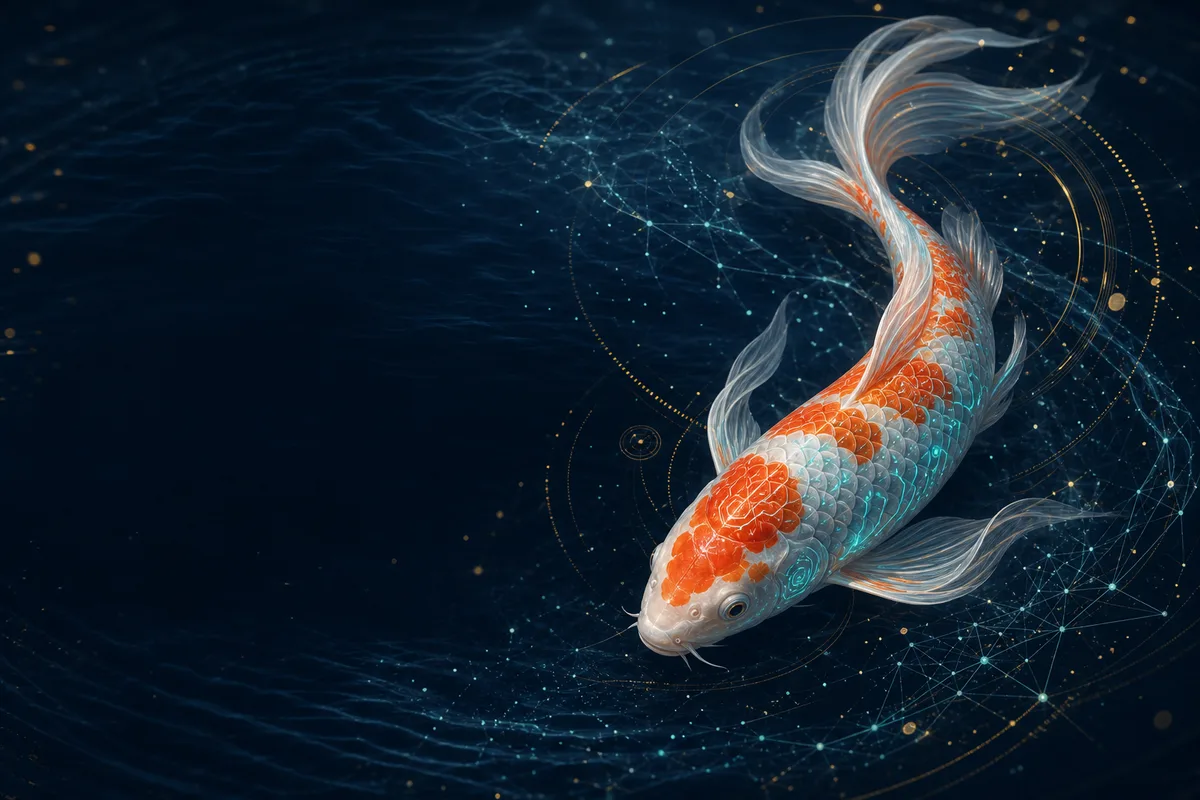 Koi, the CarShipOS assistant — a koi fish swimming through a constellation of data